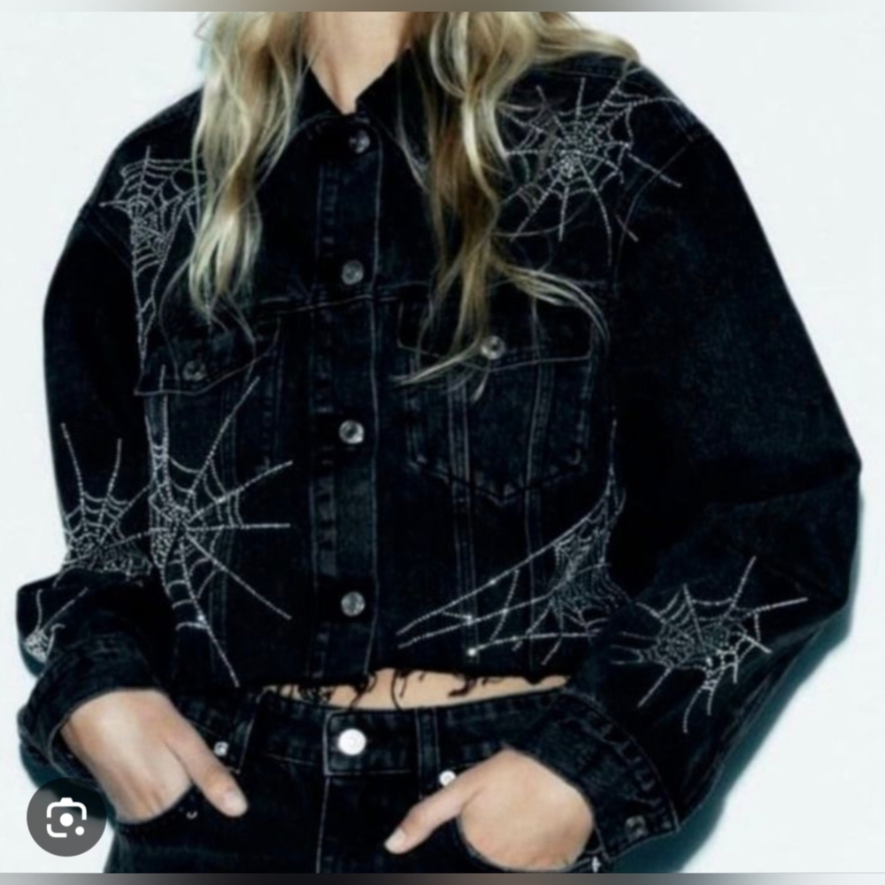 Zara Black Cropped Denim Jacket - Spider Web Design